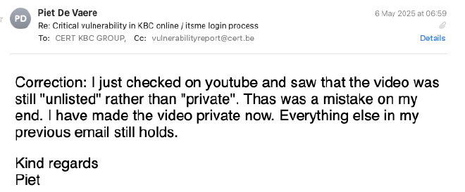 A correction email to KBC