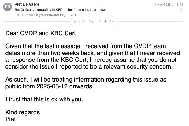 Email telling KBC and CCB I will treat information as public